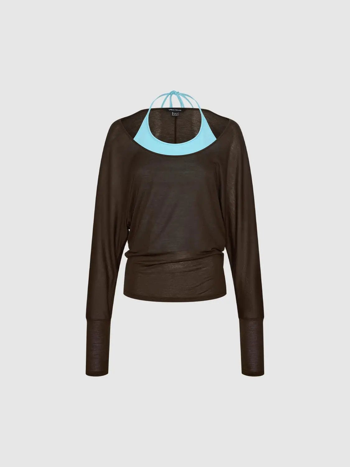 Ruched Colorblock Halter Neck Long Sleeve Cotton Blend T-Shirt