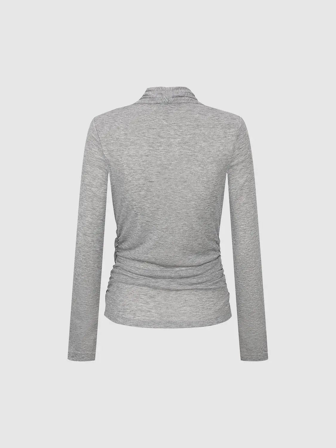 Long Sleeve Wrap Ruched Fitted Knit T-Shirt With Rounded Hem