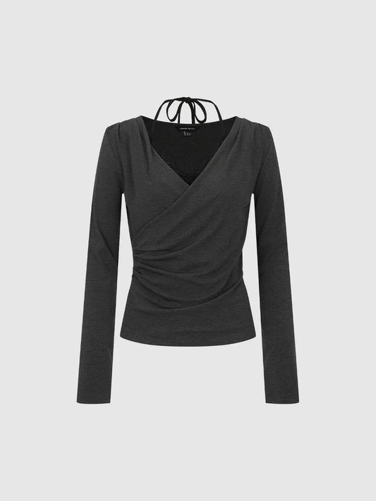 Ruched Wrap Tie Neck Long Sleeve Fitted T-Shirt