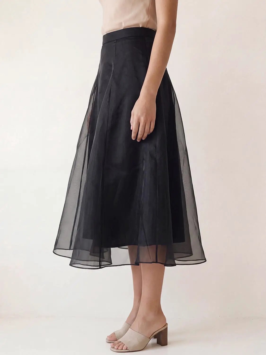High Waist Irregular Hem Flared Midi Mesh Skirt