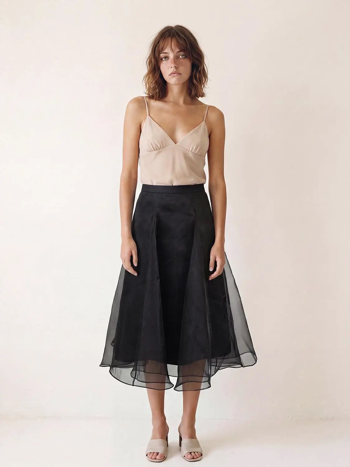High Waist Irregular Hem Flared Midi Mesh Skirt