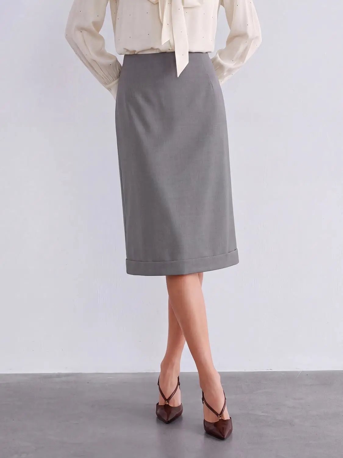 High Waist Cuff Hem Lined Stretch Straight Midi Skirt