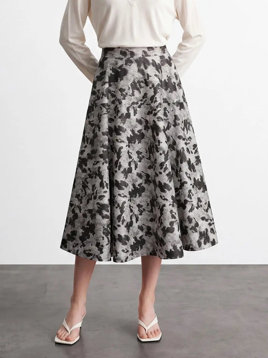 High Waist Printed Thick Stretch A-Line Midi Skirt