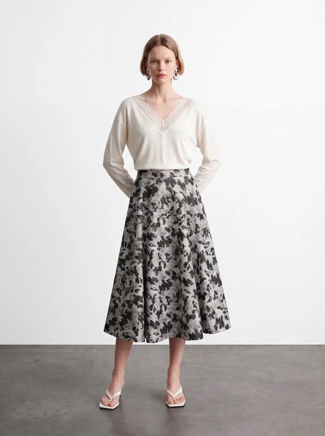 High Waist Printed Thick Stretch A-Line Midi Skirt