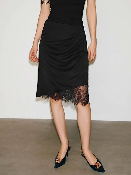 Lace Trim Draped Viscose Lyocell Linen Blend Midi Skirt
