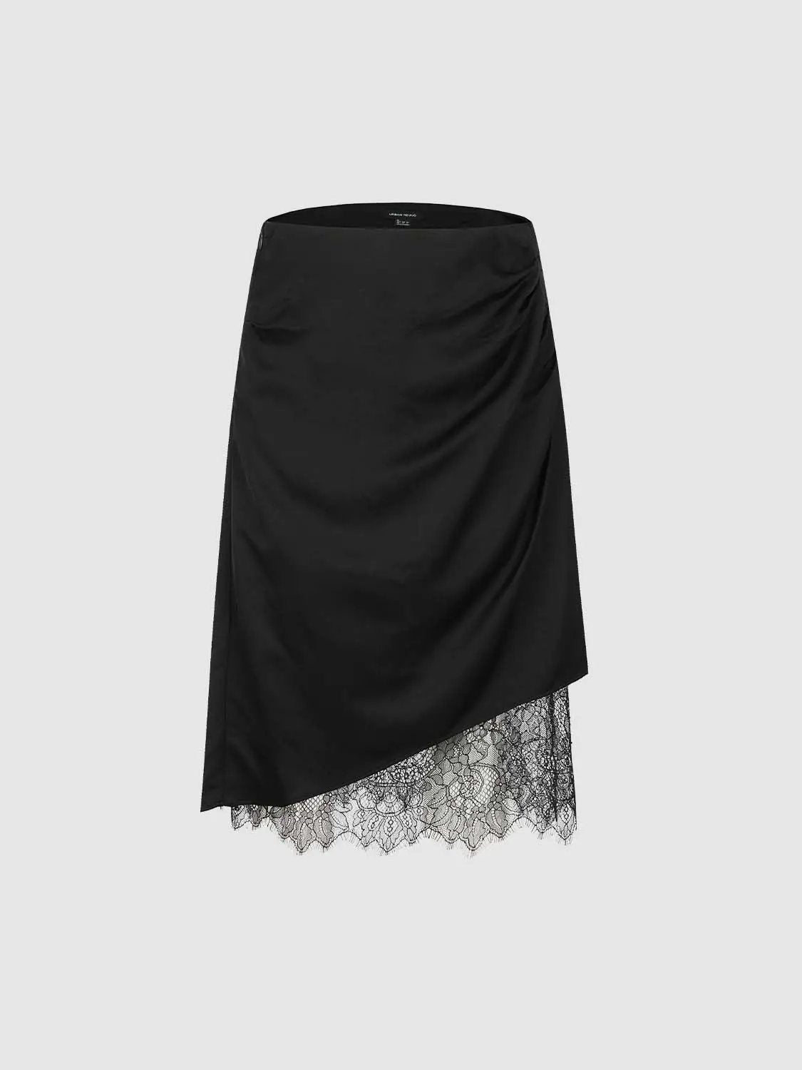 Lace Trim Draped Viscose Lyocell Linen Blend Midi Skirt