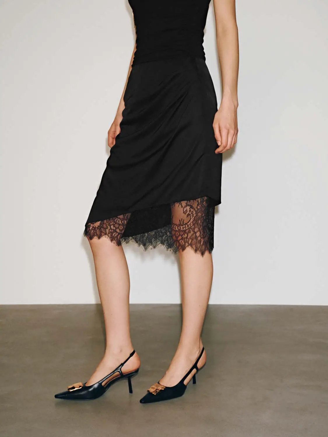 Lace Trim Draped Viscose Lyocell Linen Blend Midi Skirt