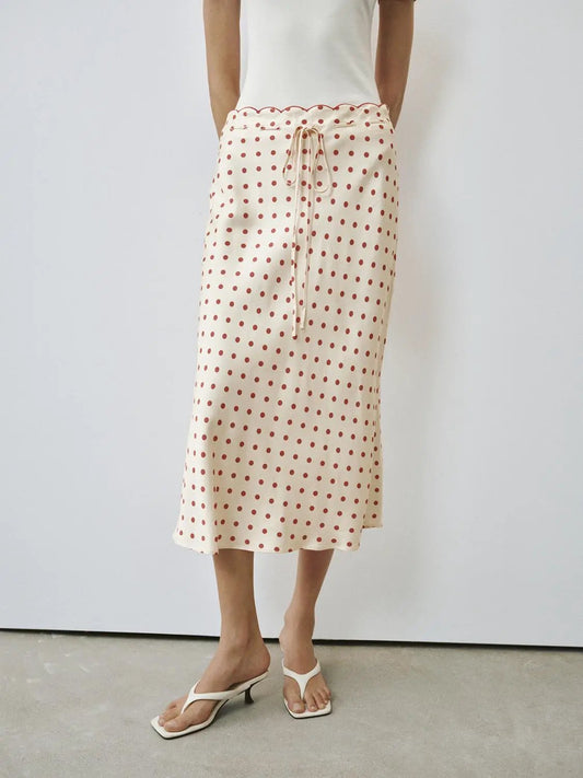Scallop Waist Polka Dot Drawstring Satin Fishtail Maxi Skirt