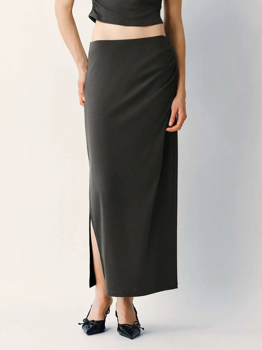 Side Ruched High Slit Elastic Waist Slim Fit Midi Skirt
