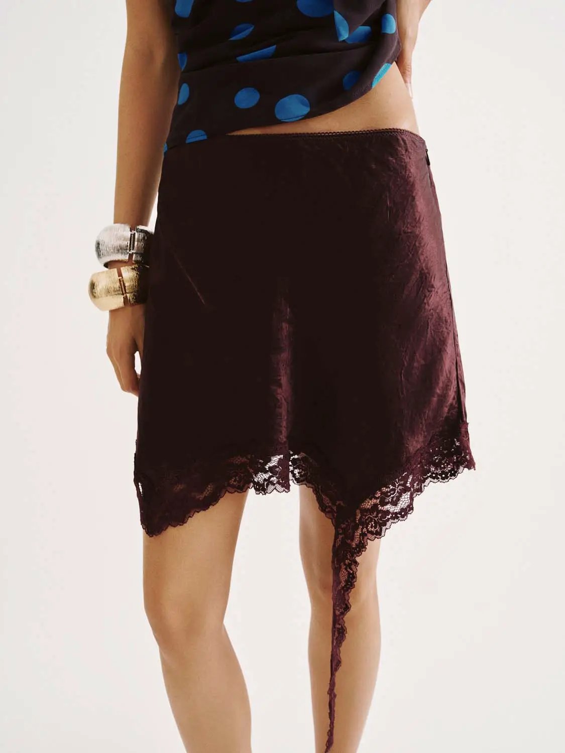 Acetate Crinkled Texture Lace Trim A-Line Mini Skirt
