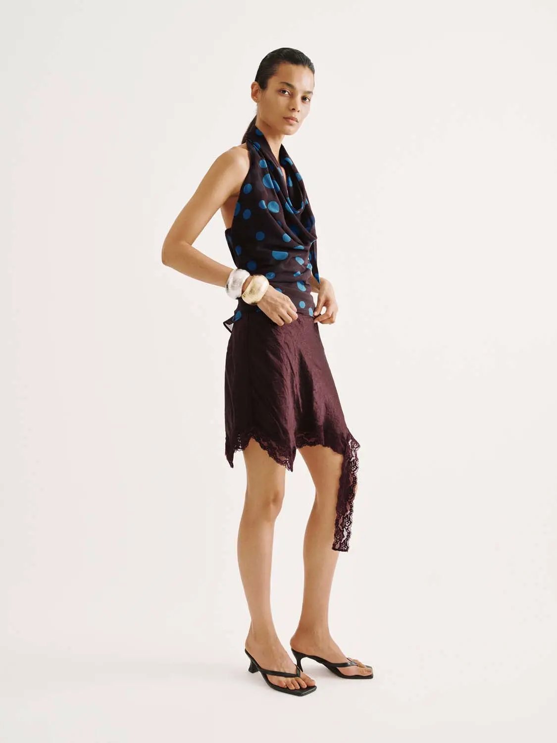 Acetate Crinkled Texture Lace Trim A-Line Mini Skirt