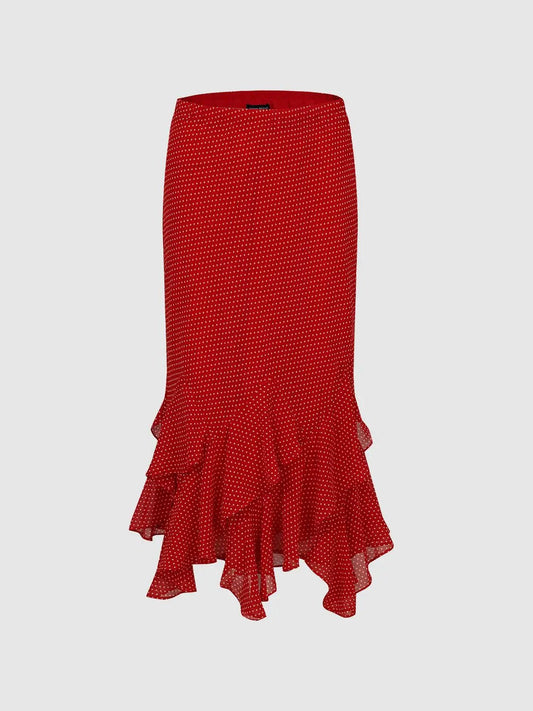 Polka Dot Ruffled Hem Mermaid Midi Skirt