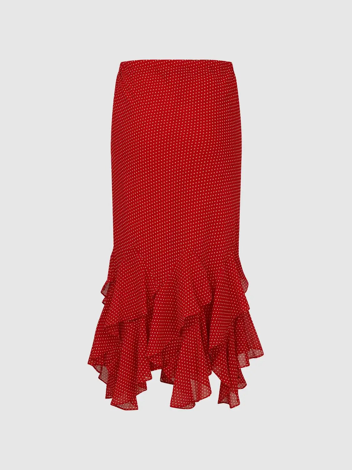 Polka Dot Ruffled Hem Mermaid Midi Skirt