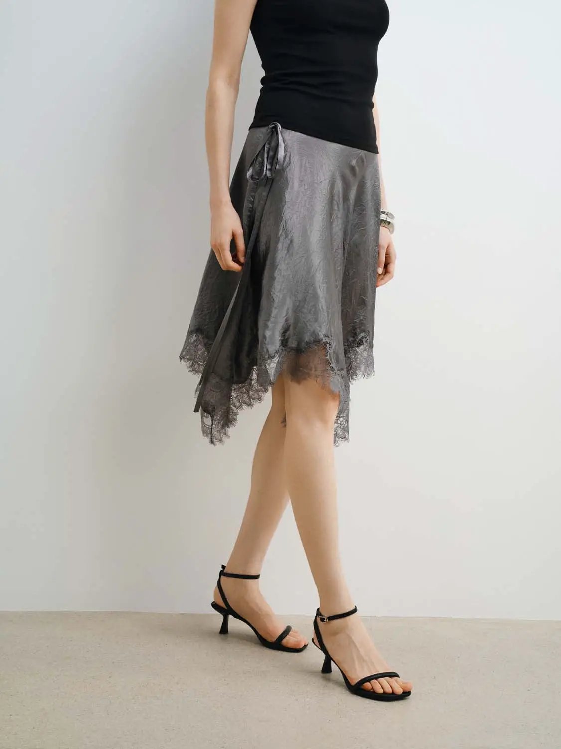 Metallic Wrap Satin Tie With Lace Hem Skirt