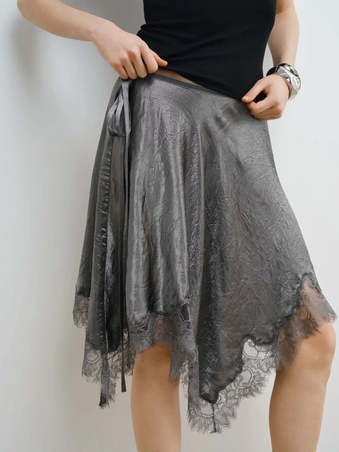 Metallic Wrap Satin Tie With Lace Hem Skirt