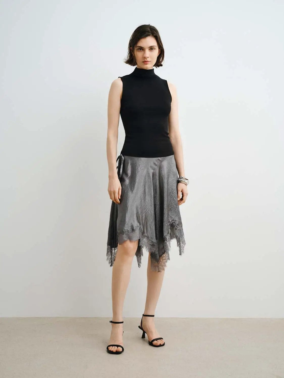 Metallic Wrap Satin Tie With Lace Hem Skirt