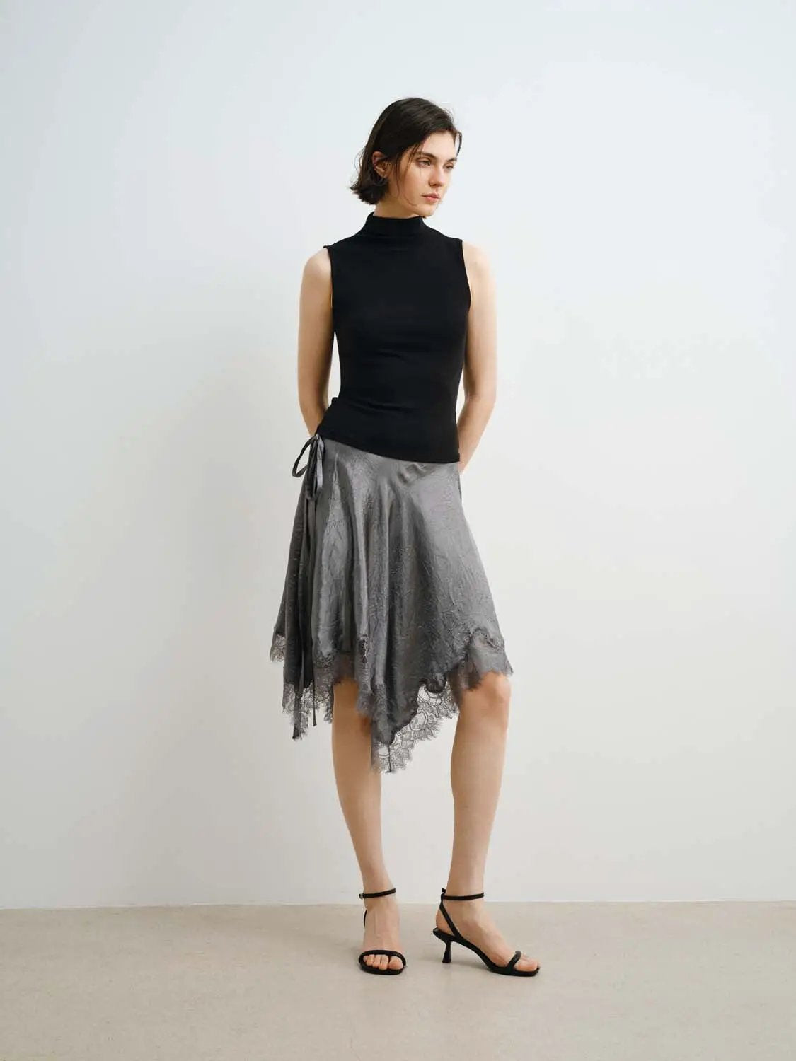 Metallic Wrap Satin Tie With Lace Hem Skirt