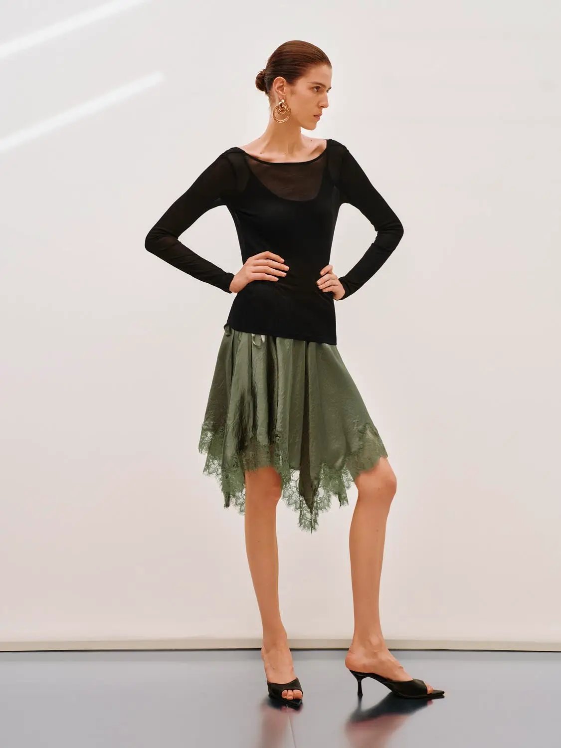 Metallic Wrap Satin Tie With Lace Hem Skirt