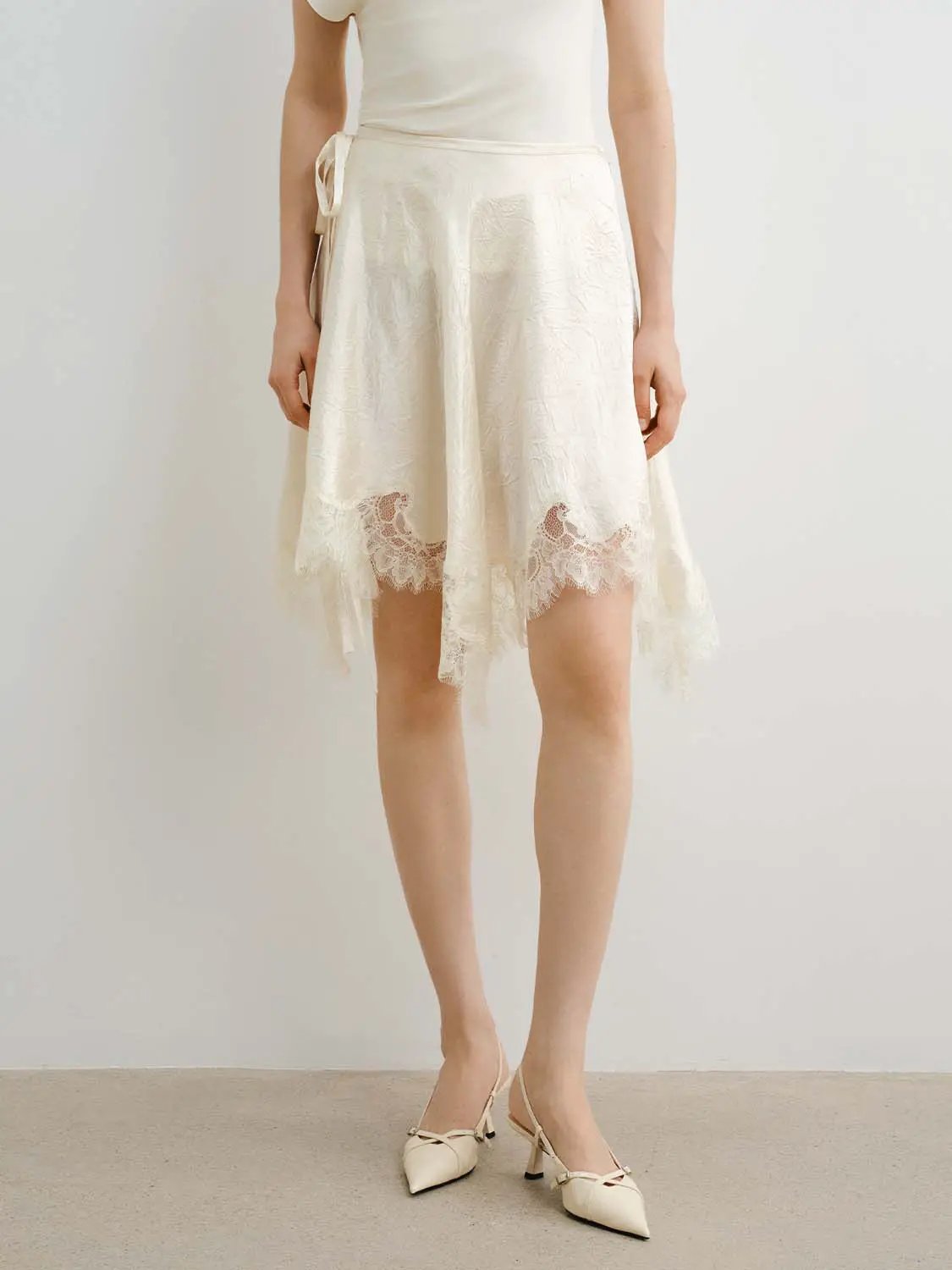Metallic Wrap Satin Tie With Lace Hem Skirt