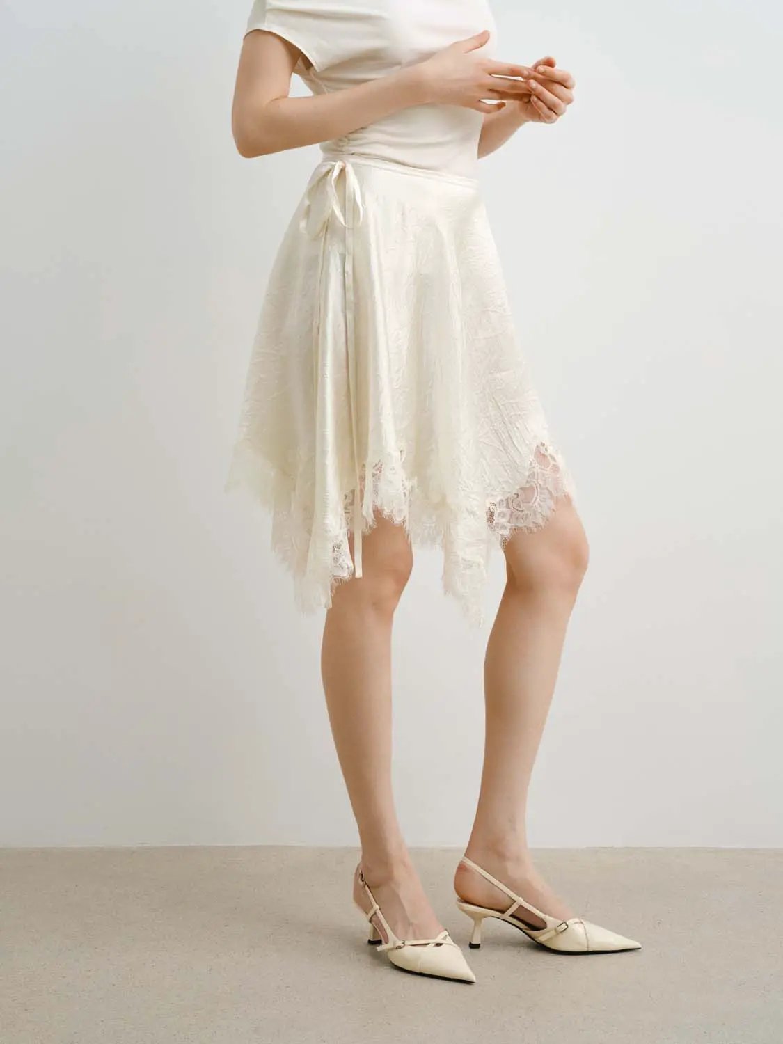 Metallic Wrap Satin Tie With Lace Hem Skirt
