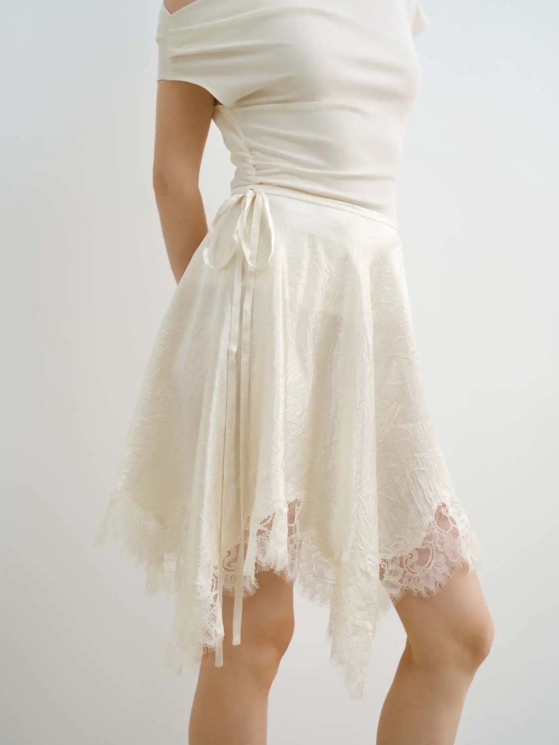 Metallic Wrap Satin Tie With Lace Hem Skirt