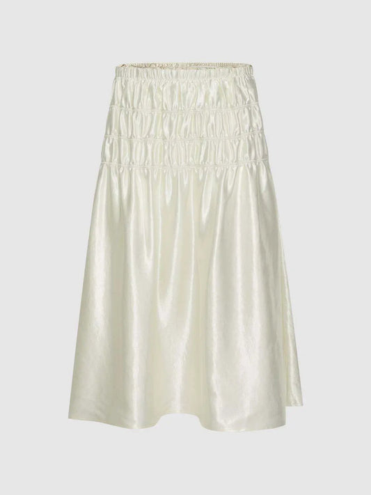 Off Satin Shirred Elastic Waist Tiered Flowy Midi Skirt