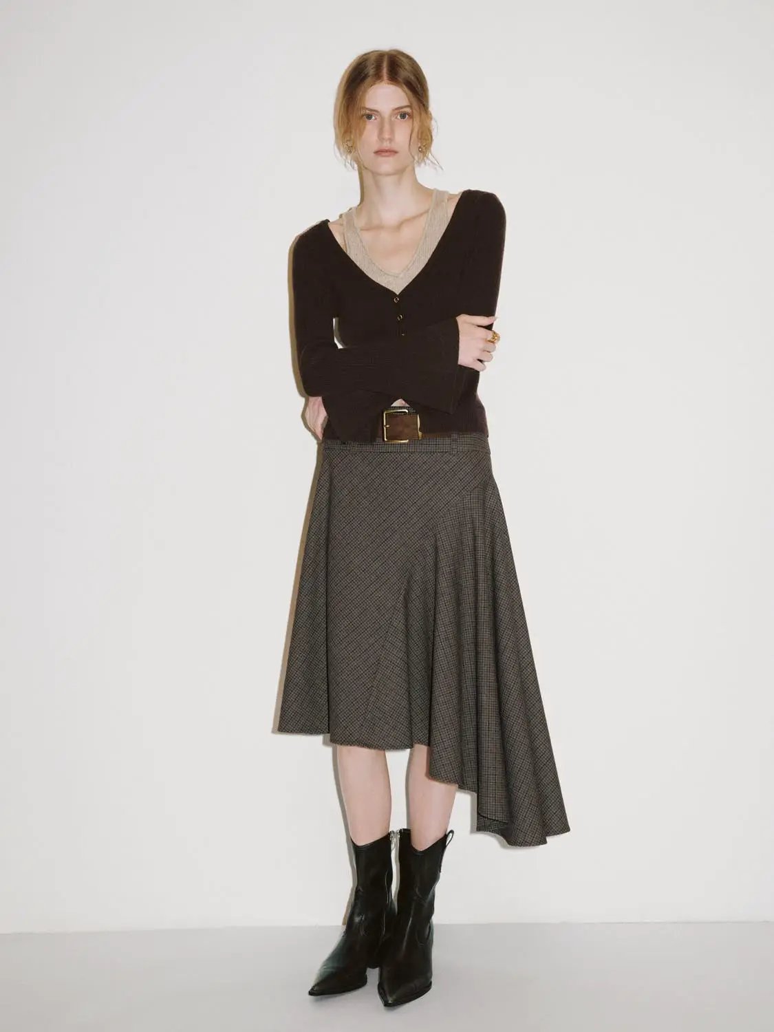 Belted Checked Asymmetric Hem A-Line Skirt