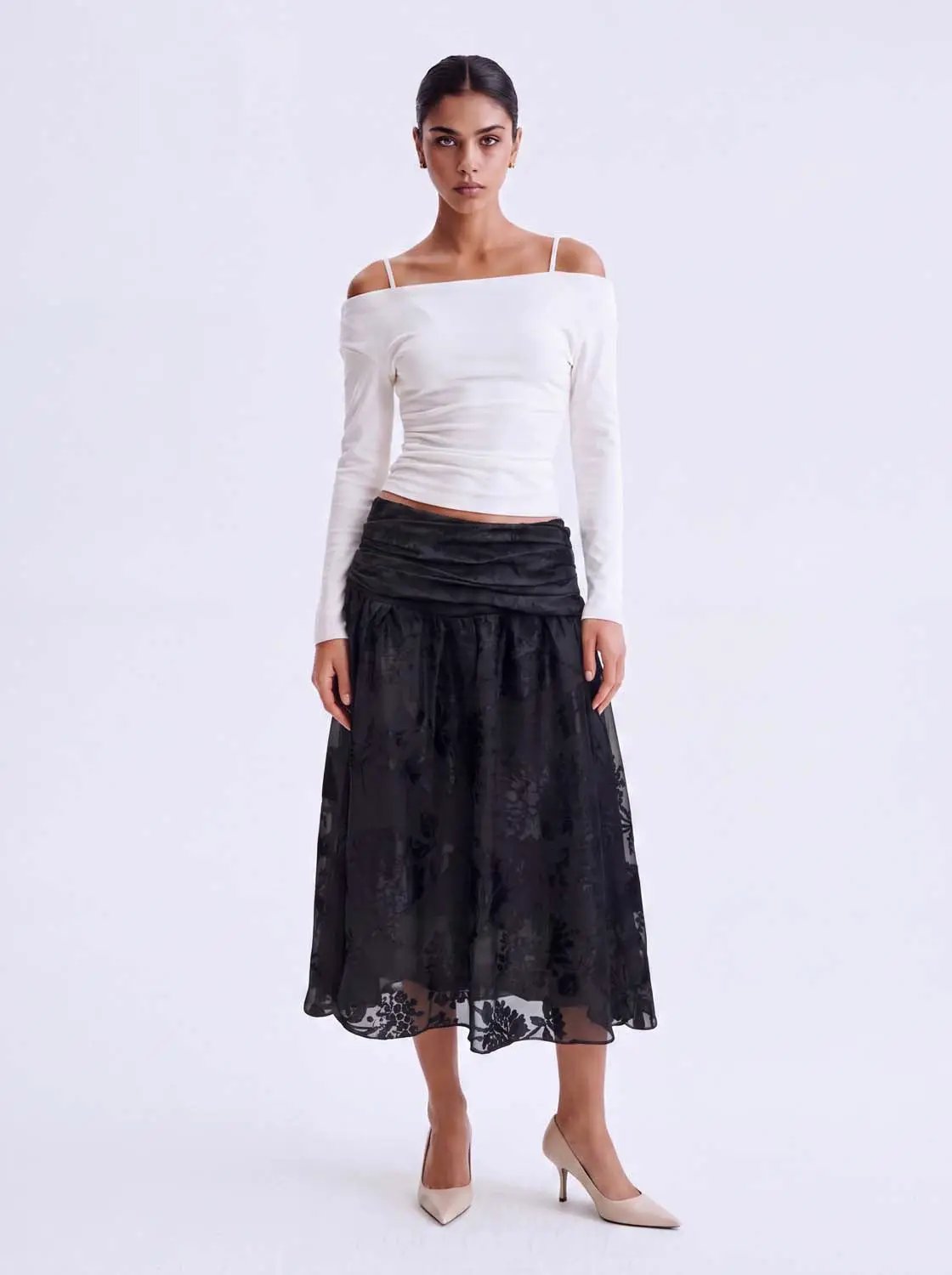 Thin Ruched Floral Print A-Line Midi Skirt