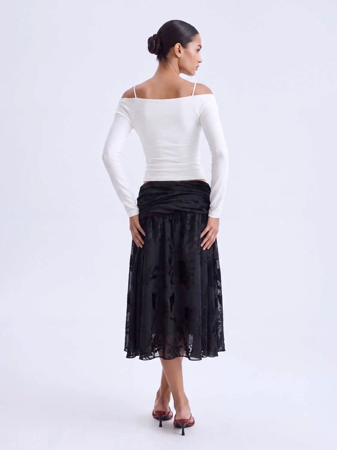 Thin Ruched Floral Print A-Line Midi Skirt