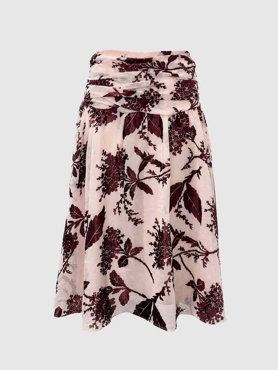 Thin Ruched Floral Print A-Line Midi Skirt