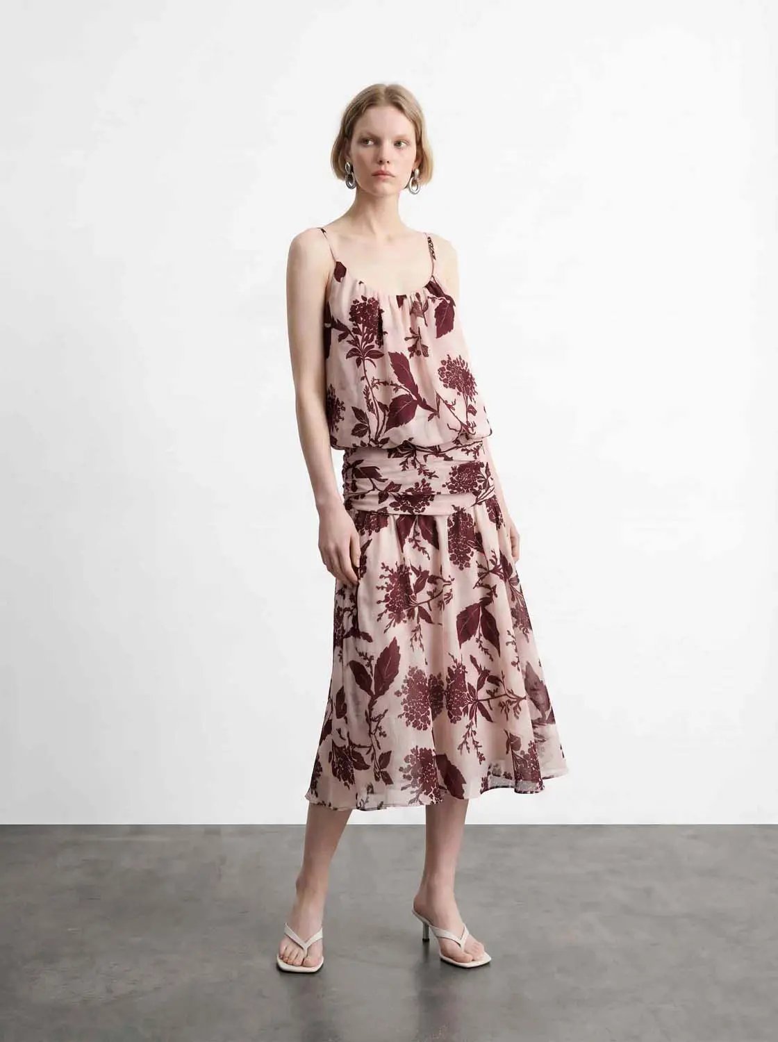 Thin Ruched Floral Print A-Line Midi Skirt
