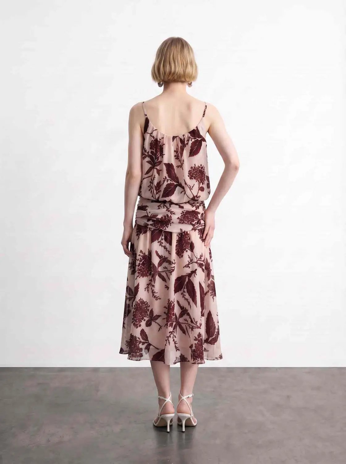 Thin Ruched Floral Print A-Line Midi Skirt