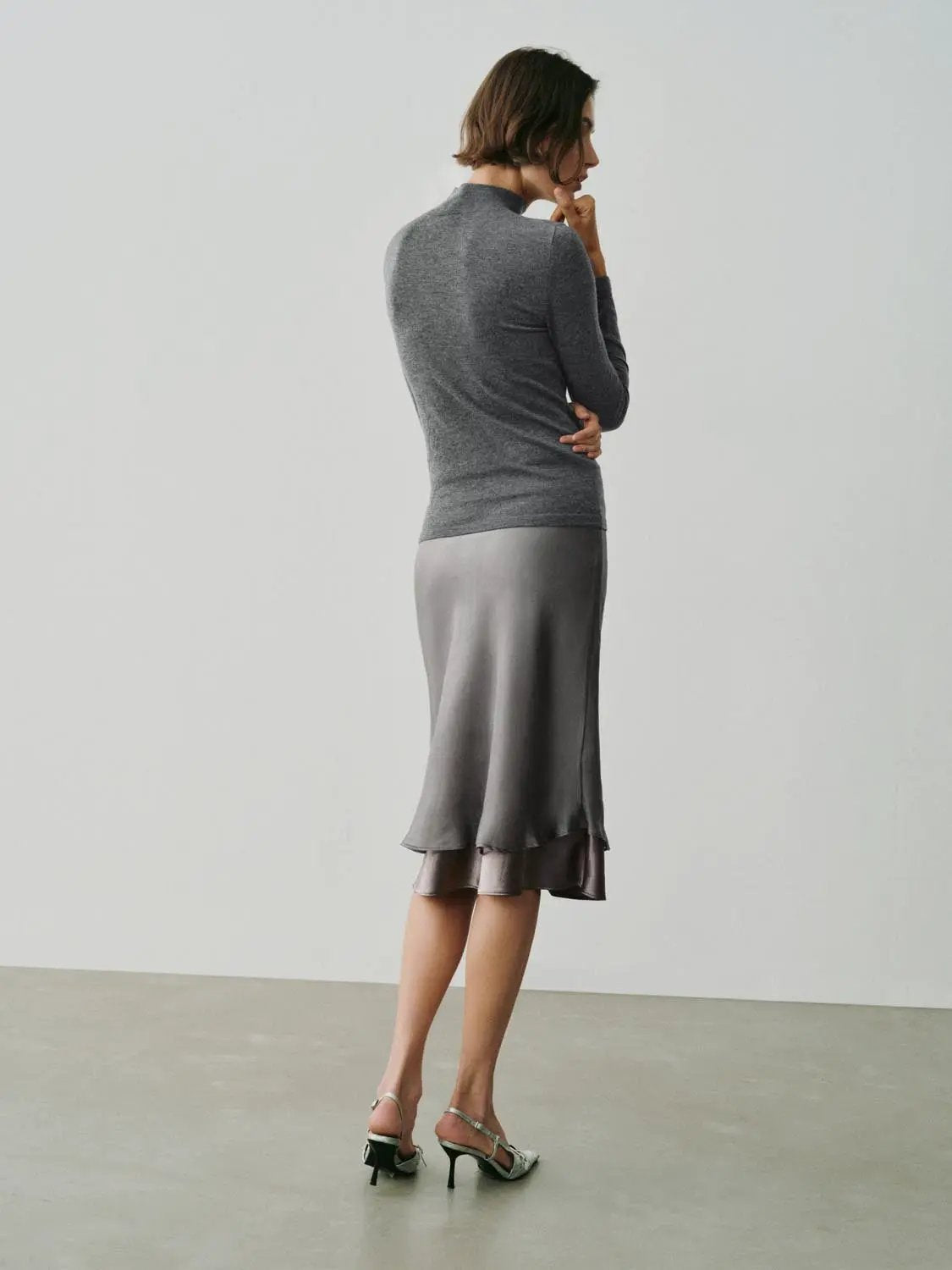 White Layered Hem H-Line Straight Midi Skirt