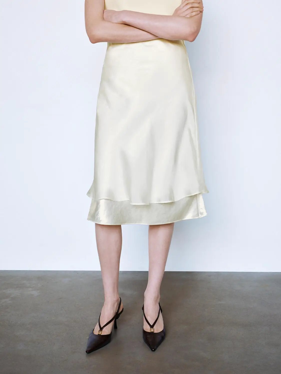White Layered Hem H-Line Straight Midi Skirt