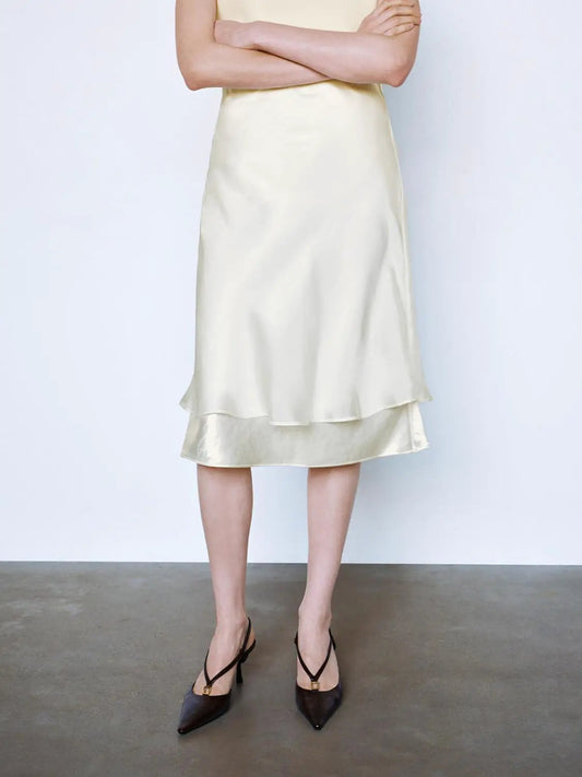 White Layered Hem H-Line Straight Midi Skirt