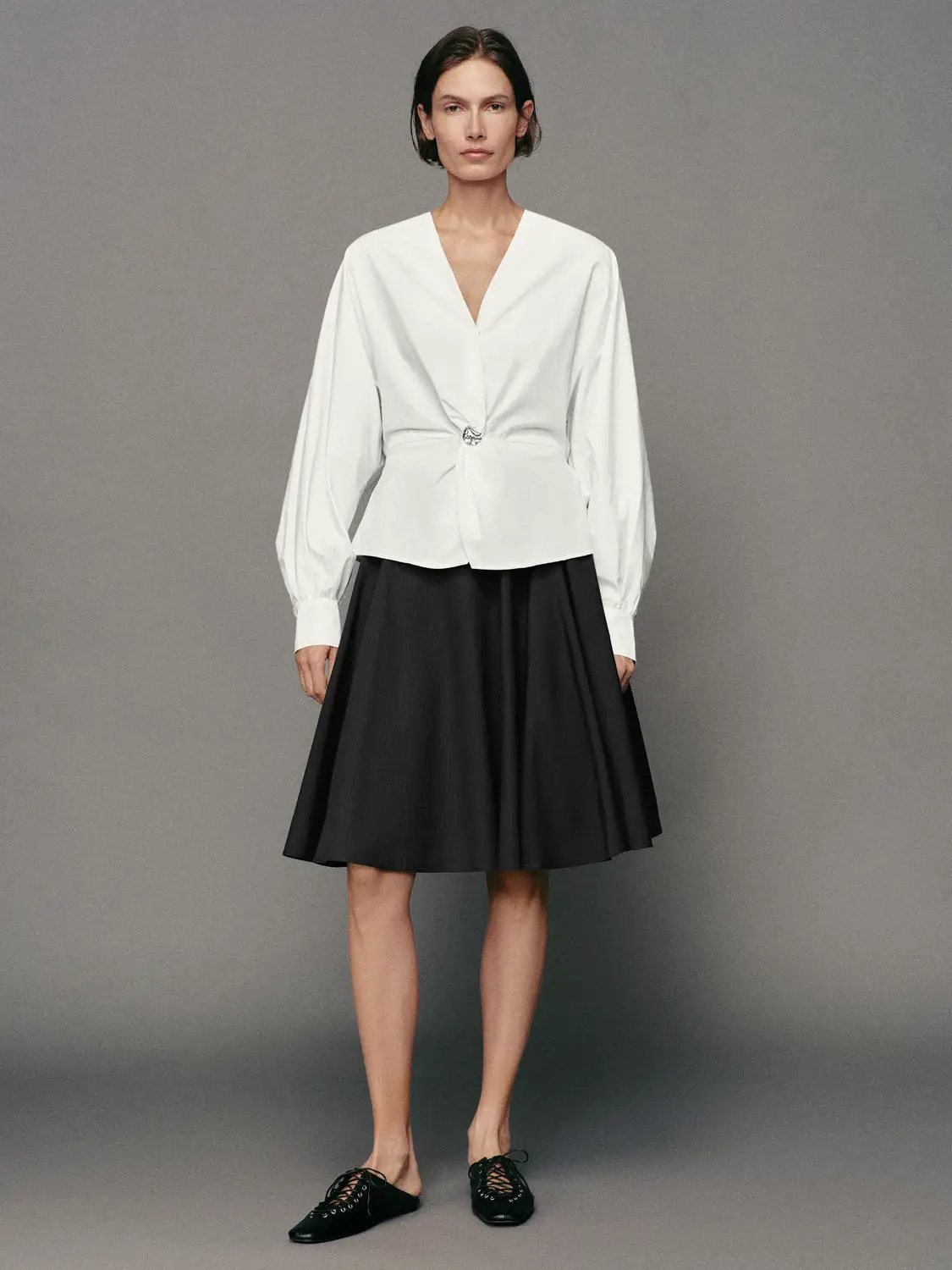 Pleated High-waisted Cotton A-Line Skirt