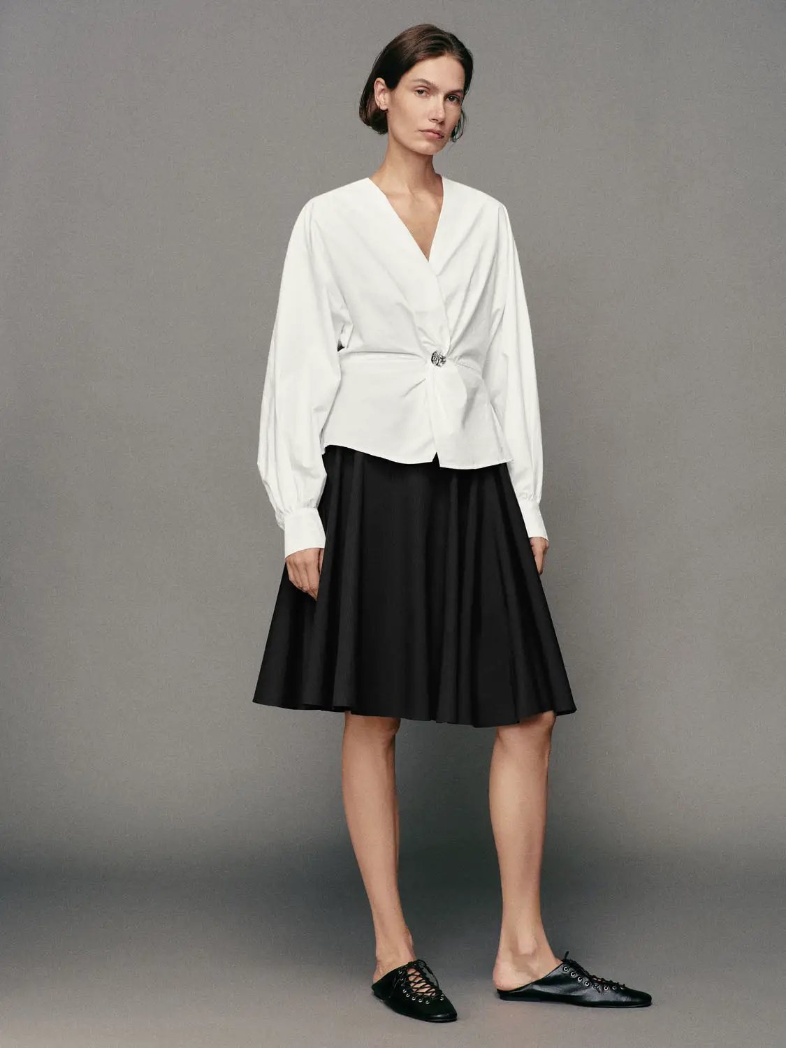 Pleated High-waisted Cotton A-Line Skirt