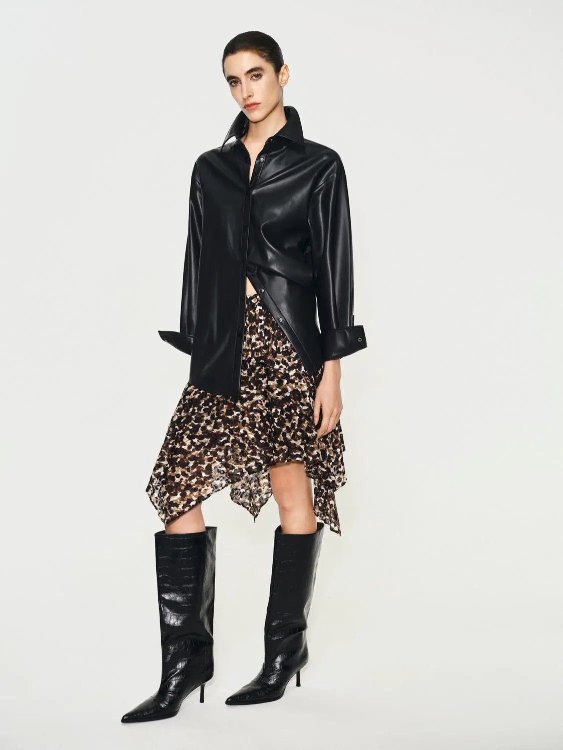 Asymmetric Hem Animal Print A-Line Midi Skirt
