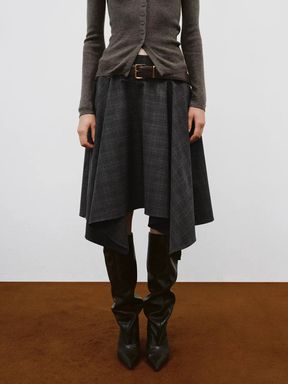 Belted Checked Asymmetric Hem A-Line Mid-rise Skirt