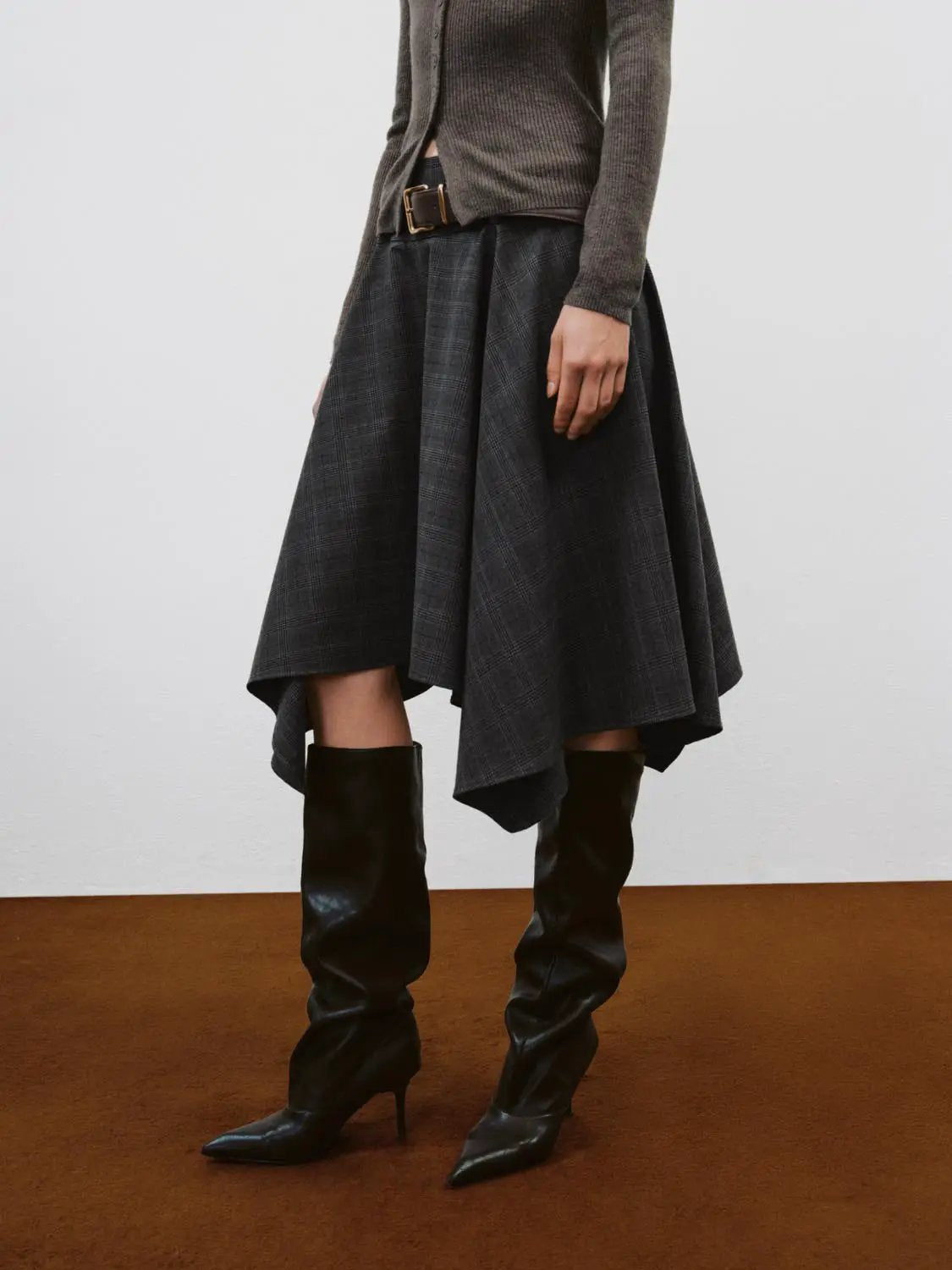 Belted Checked Asymmetric Hem A-Line Mid-rise Skirt