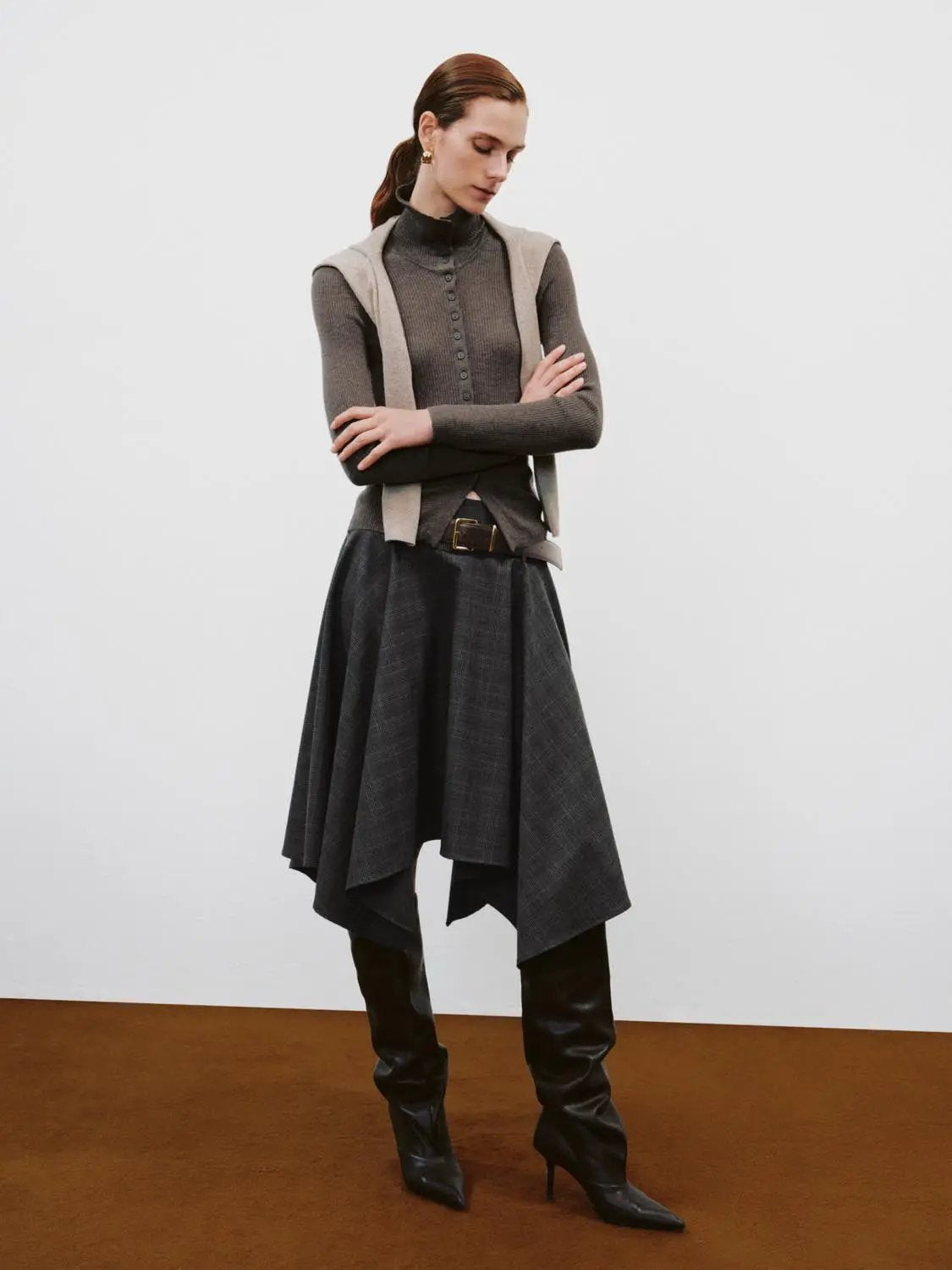 Belted Checked Asymmetric Hem A-Line Mid-rise Skirt