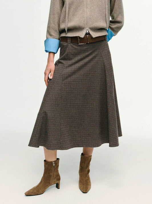 Checked Mid-rise Belted A-line Midi Skirt