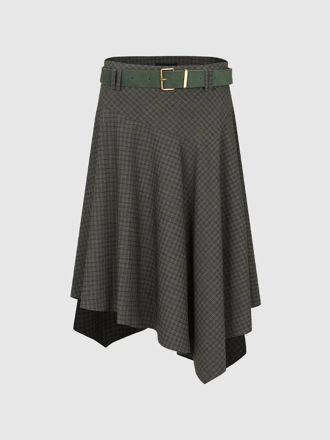Belted Checked Asymmetric Hem Mid-rise A-Line Skirt