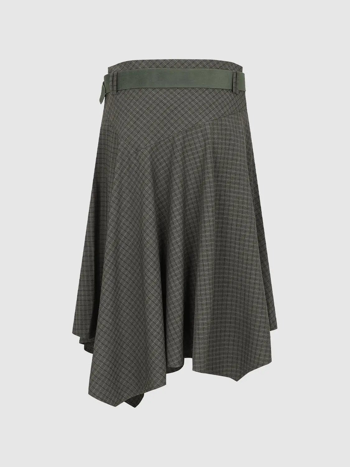 Belted Checked Asymmetric Hem Mid-rise A-Line Skirt