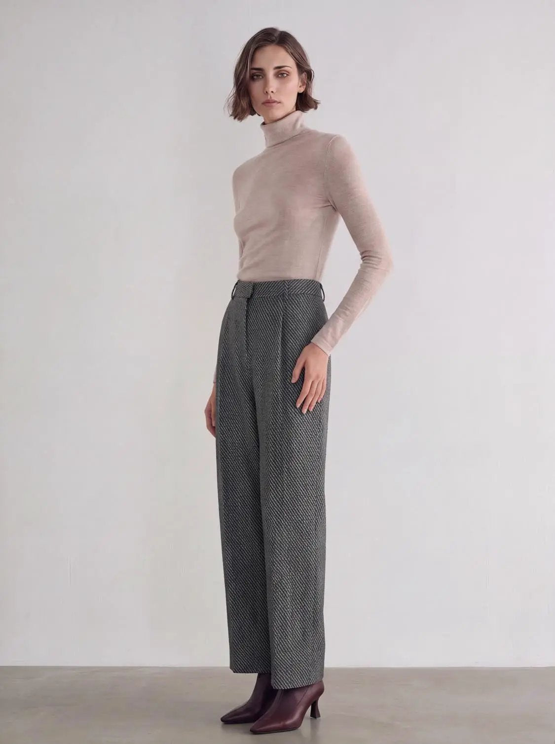 High Waist Textured Weave Diagonal Stripe Straight Leg Pants