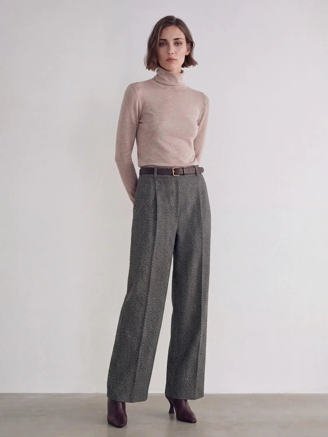 High Waist Textured Weave Diagonal Stripe Straight Leg Pants