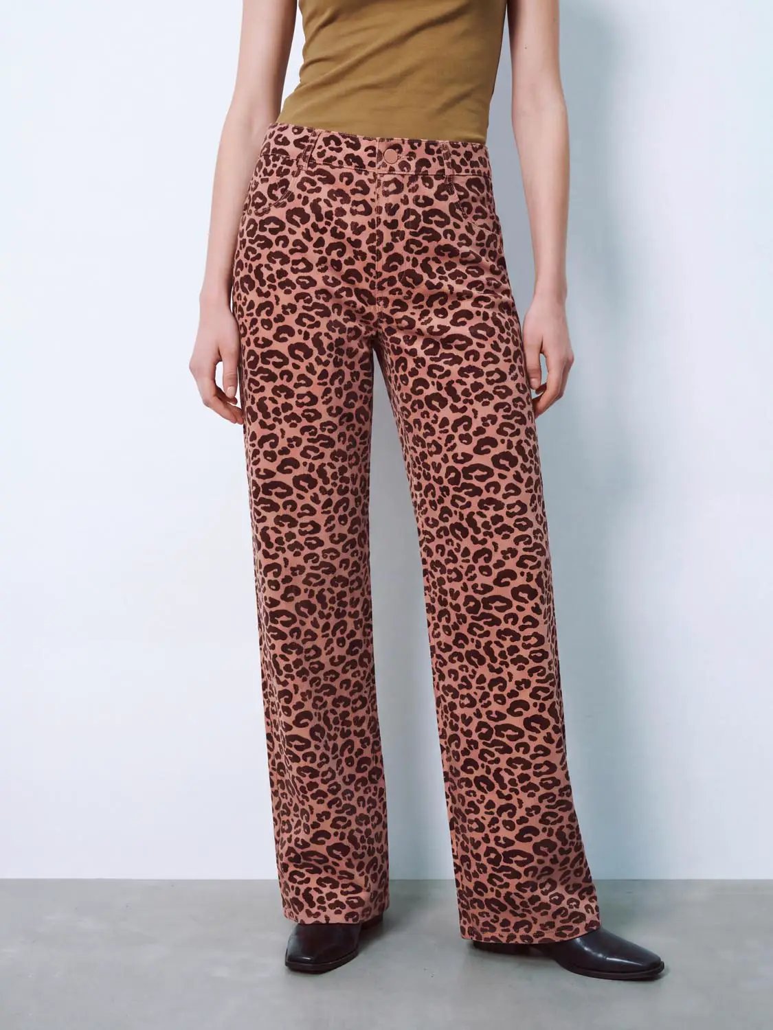 High Waist Leopard Print Cotton Straight Leg Pants