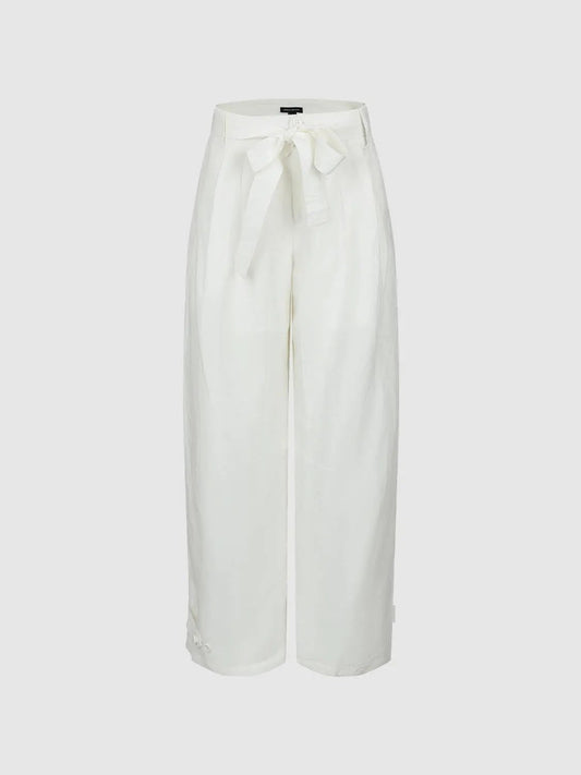 High-Waisted Tie Waist Curved-Leg Button Cuff Pants