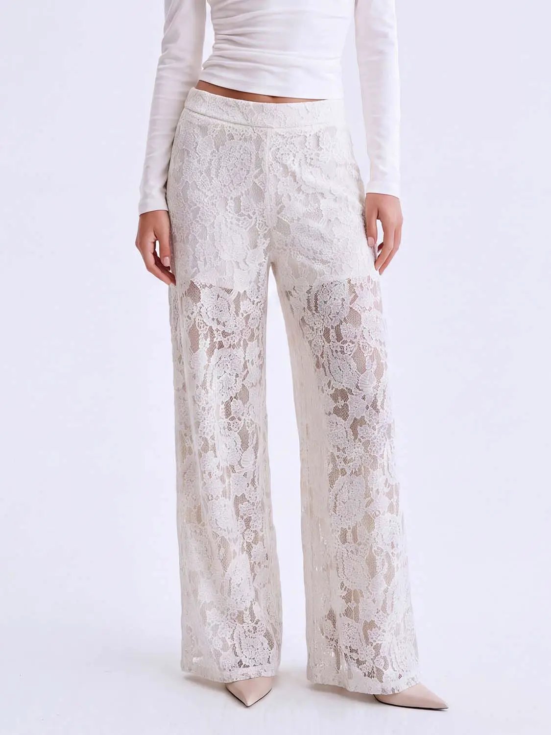 White Floral Lace Mid-rise Wide-leg Pants