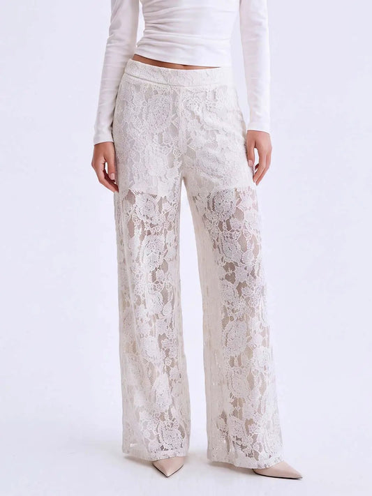 White Floral Lace Mid-rise Wide-leg Pants